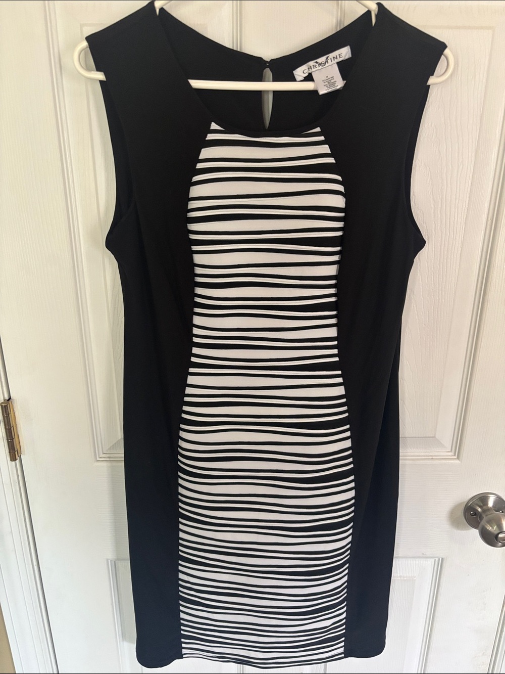Sleeveless Black Midi Sheath Dress with Black & White Stripe Panel